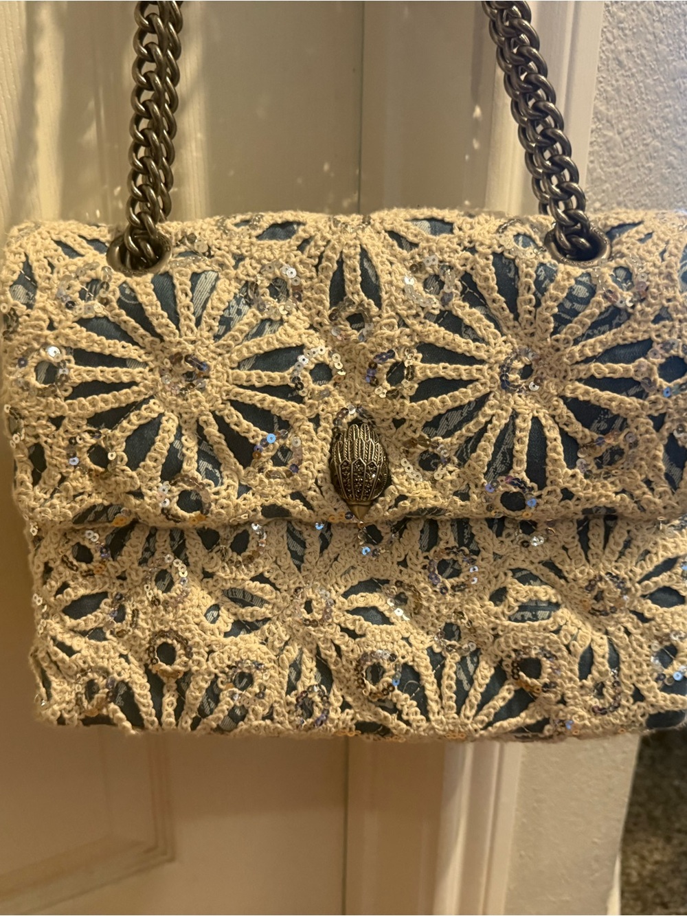 Kurt Geiger Large Kensington  Cream Crochet Sequin Flap Shoulder Bag